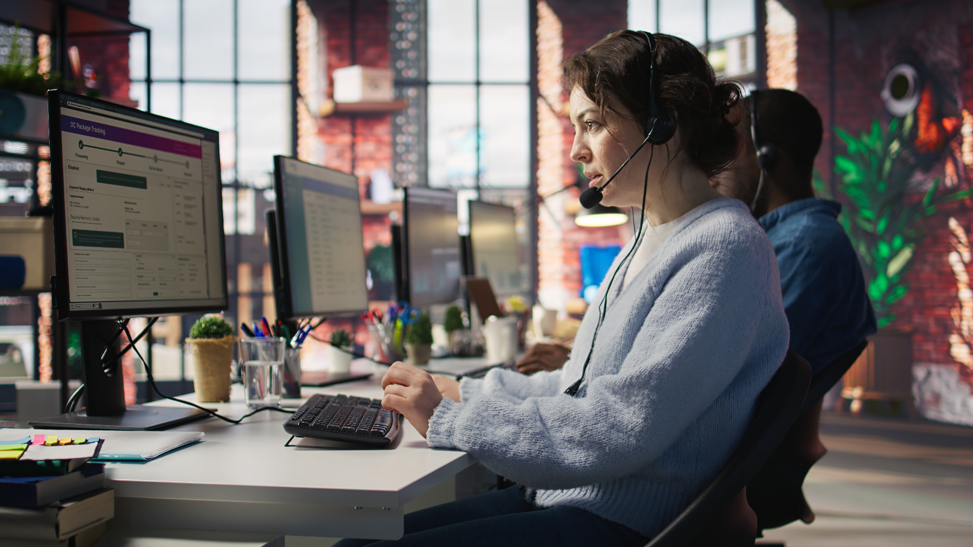 Outbound calling agent at a workstation with headset