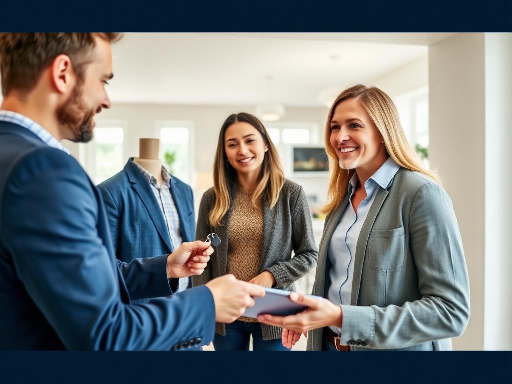 Agent handing keys to clients inside a modern home